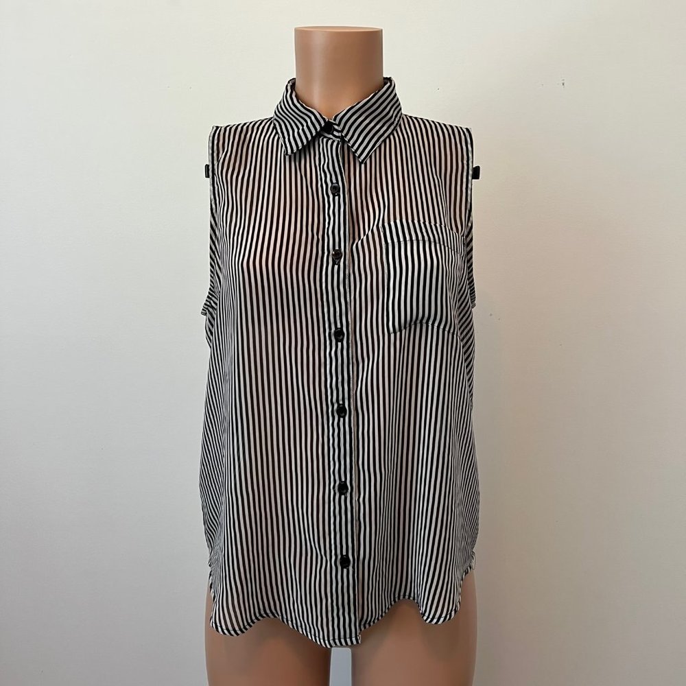 Striped Sheer Black & White Striped Sleeveless Button Down Blouse - Small